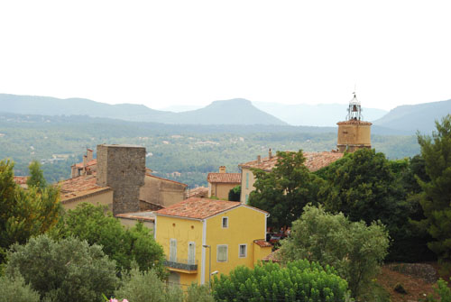 The view from our house, of the town and clock tower in Fayence
